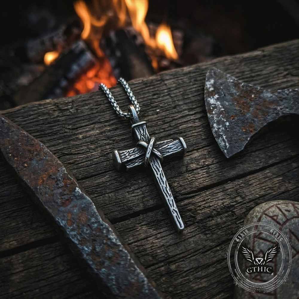 Retro Wooden Stake Cross Stainless Steel Pendant