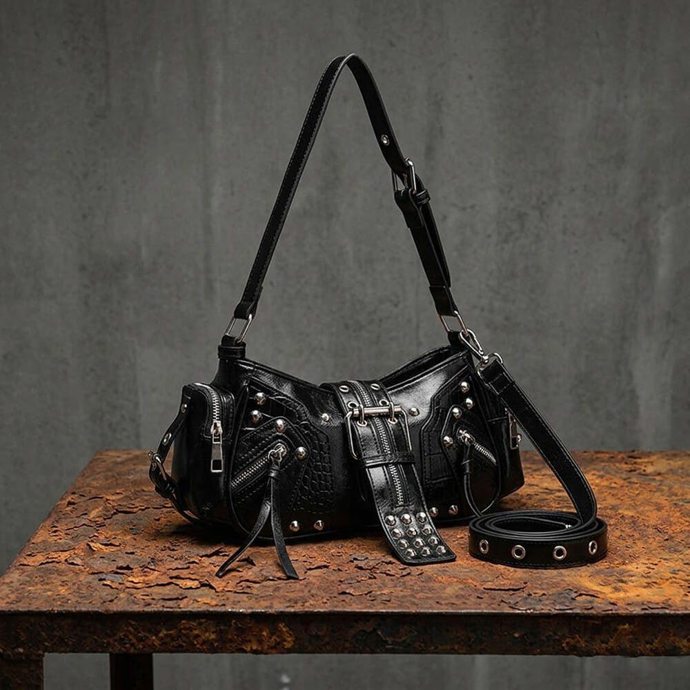 Retro Y2K Motorcycle Shoulder PU Leather Handbag | Gthic.com