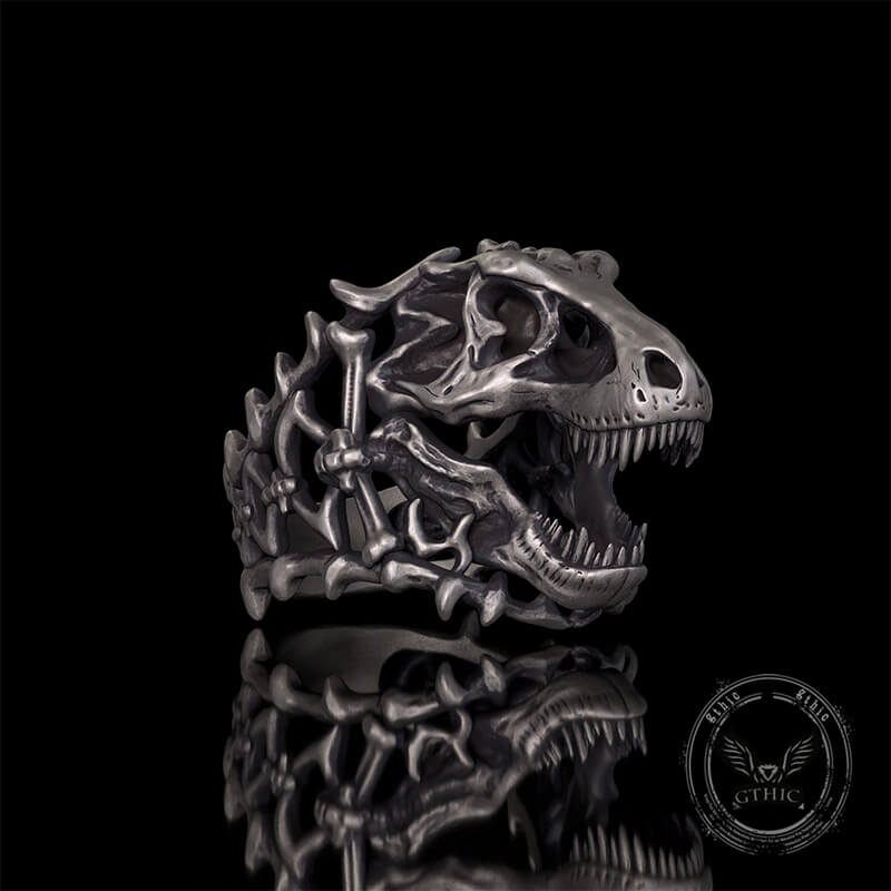 Roaring Tyrannosaurus Rex Skull Sterling Silver Ring | Gthic.com