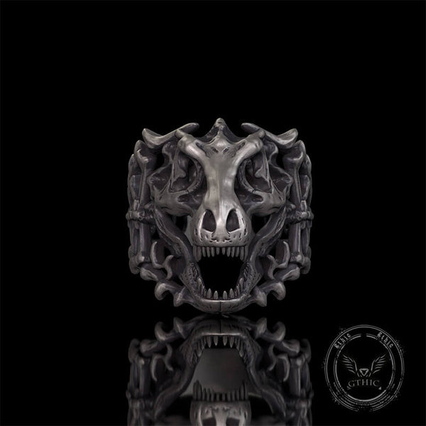 Roaring Tyrannosaurus Rex Skull Sterling Silver Ring | Gthic.com
