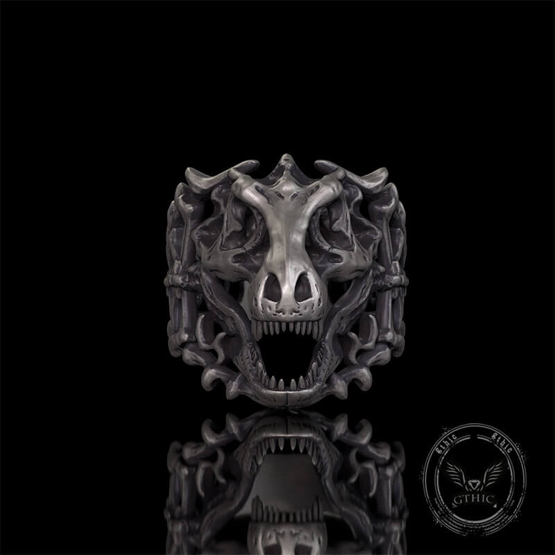 Roaring Tyrannosaurus Rex Skull Sterling Silver Ring | Gthic.com
