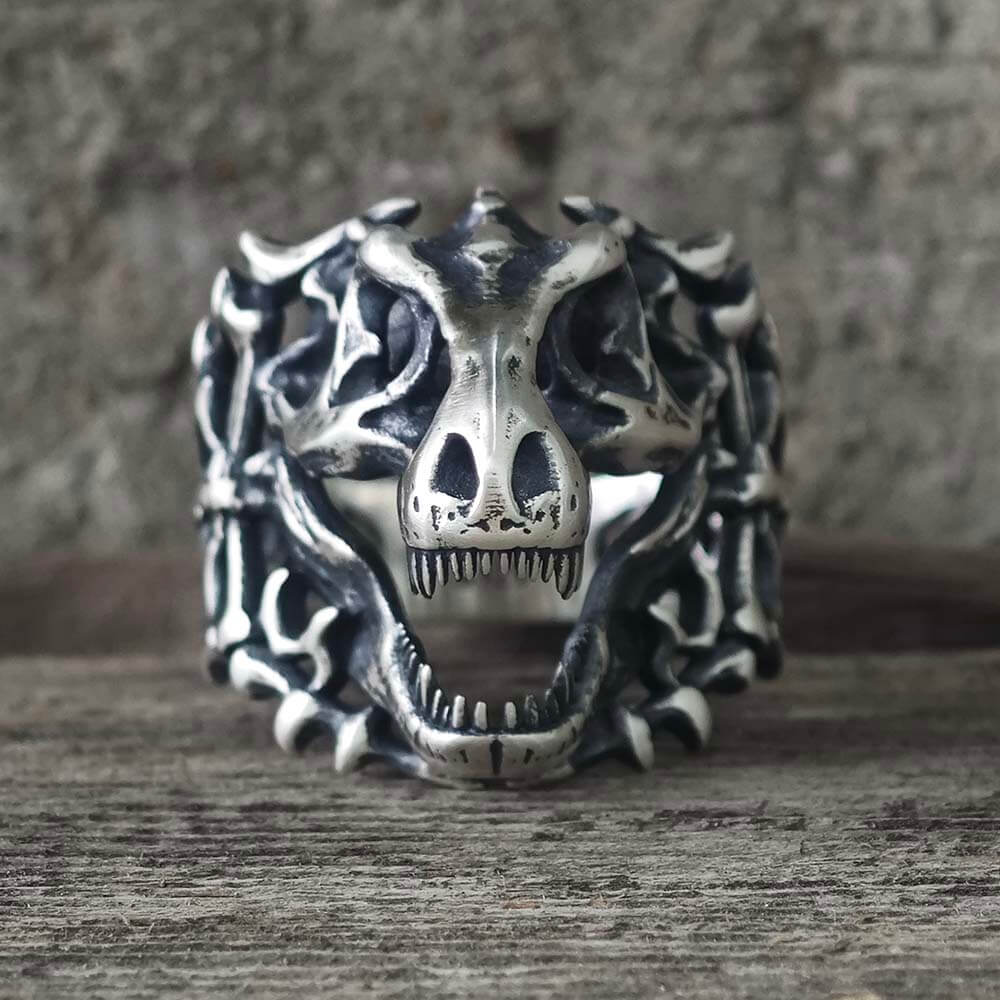 Roaring Tyrannosaurus Rex Skull Sterling Silver Ring | Gthic.com