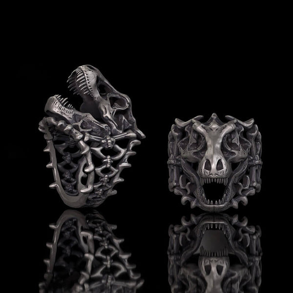 Roaring Tyrannosaurus Rex Skull Sterling Silver Ring | Gthic.com