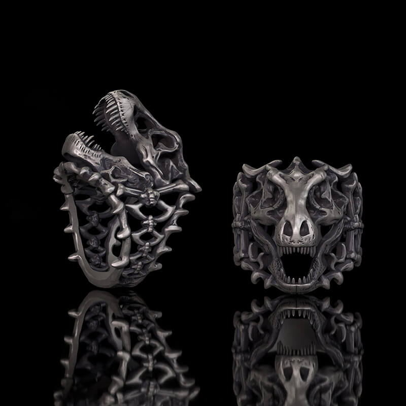 Roaring Tyrannosaurus Rex Skull Sterling Silver Ring | Gthic.com