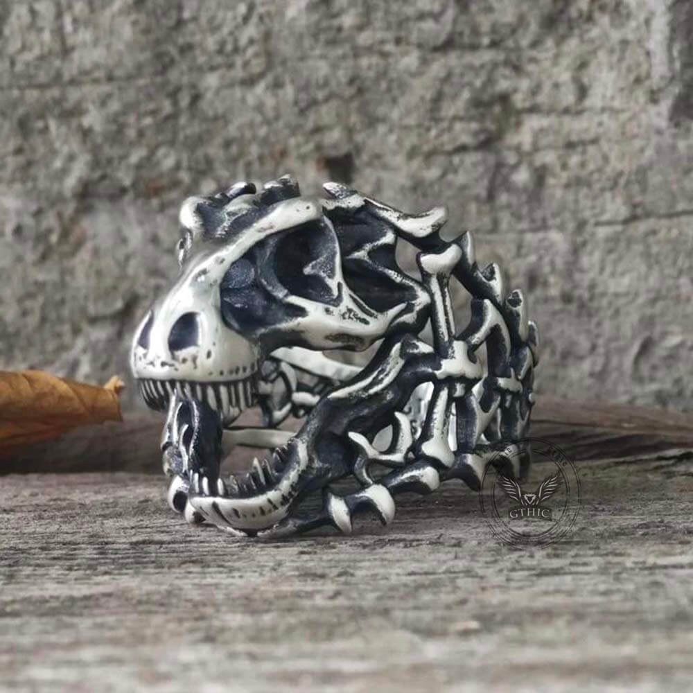 Roaring Tyrannosaurus Rex Skull Sterling Silver Ring