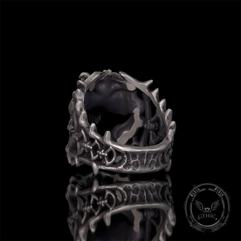 Roaring Tyrannosaurus Rex Skull Sterling Silver Ring