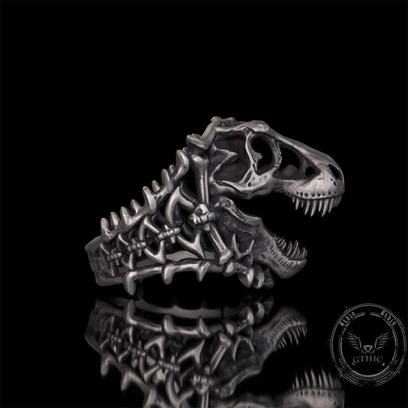Roaring Tyrannosaurus Rex Skull Sterling Silver Ring | Gthic.com