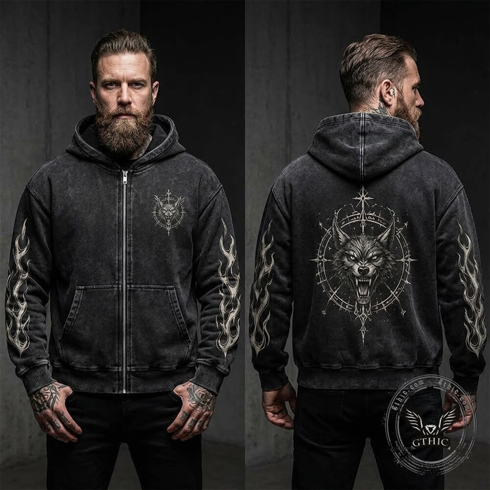 Roaring Wolf Flame Vintage Washed Zip-Up Hooded Jacket | Gthic.com