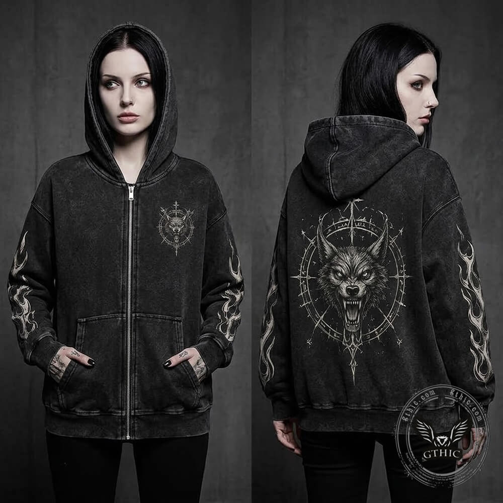 Roaring Wolf Flame Vintage Washed Zip-Up Hooded Jacket | Gthic.com