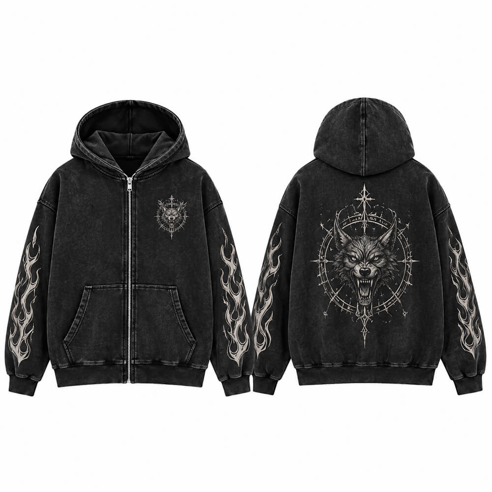 Roaring Wolf Flame Vintage Washed Zip-Up Hooded Jacket | Gthic.com