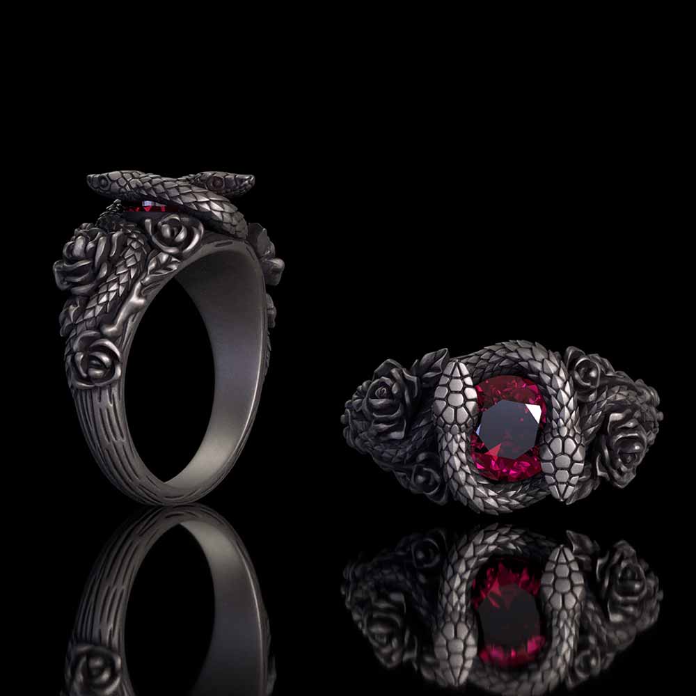 Rose Double Snake Entwined Gem Sterling Silver Ring | Gthic.com