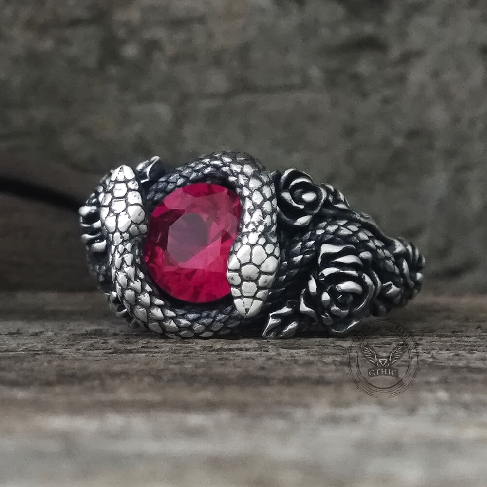 Rose Double Snake Entwined Gem Sterling Silver Ring