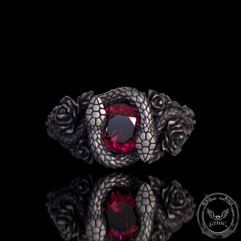 Rose Double Snake Entwined Gem Sterling Silver Ring | Gthic.com