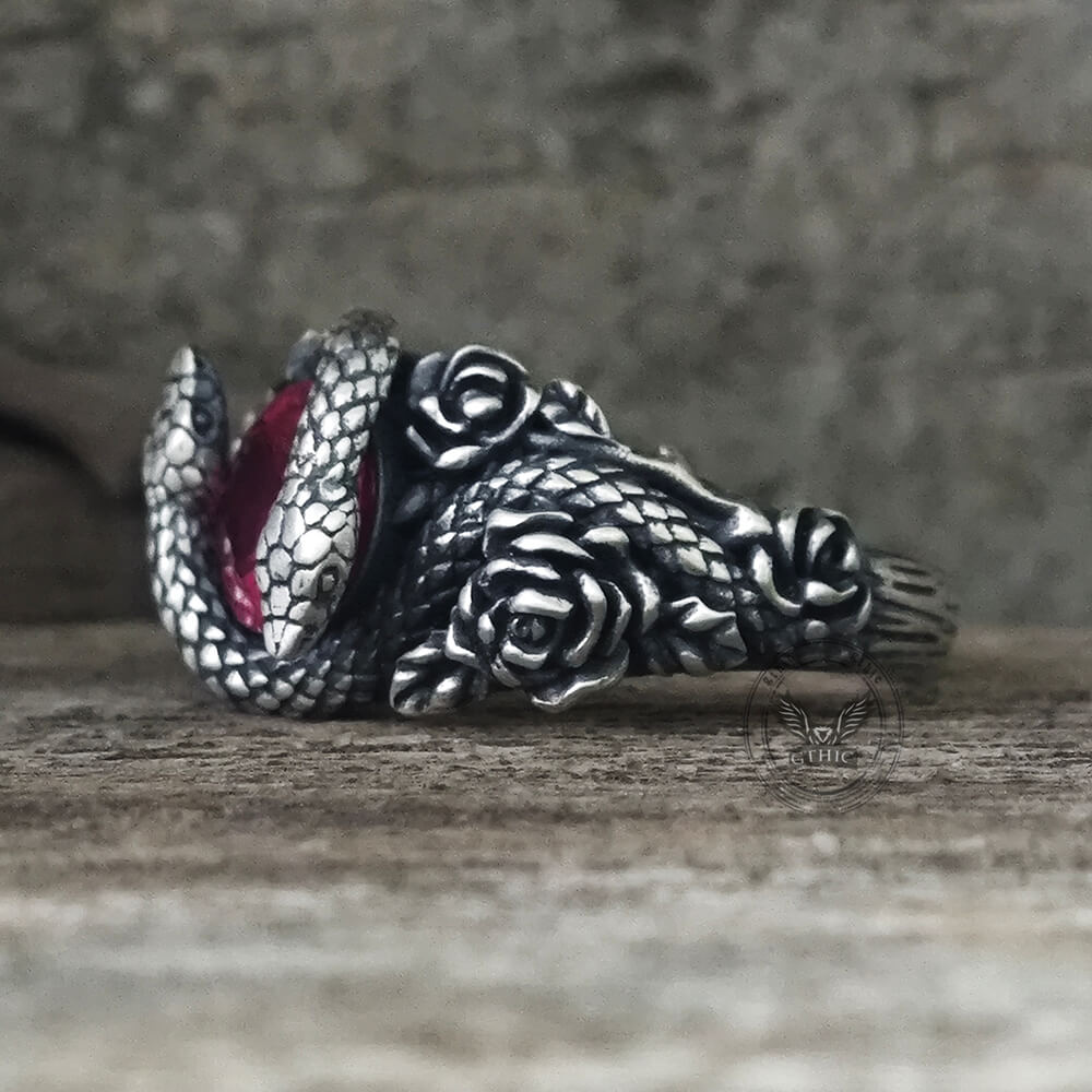 Rose Double Snake Entwined Gem Sterling Silver Ring