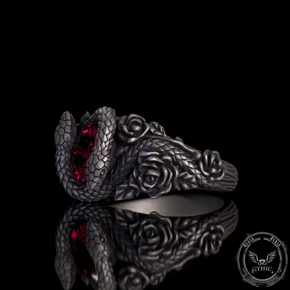 Rose Double Snake Entwined Gem Sterling Silver Ring | Gthic.com