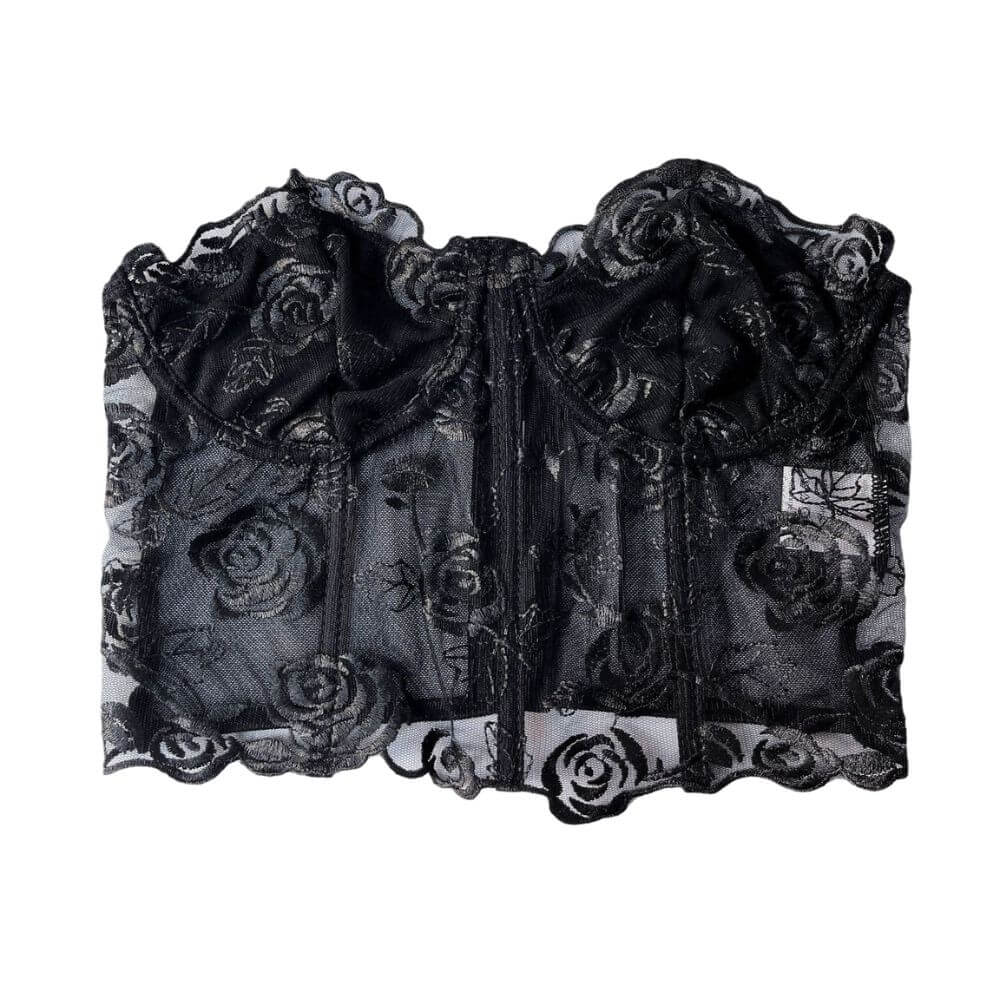 Rose Embroidered Mesh Corset Tube Top