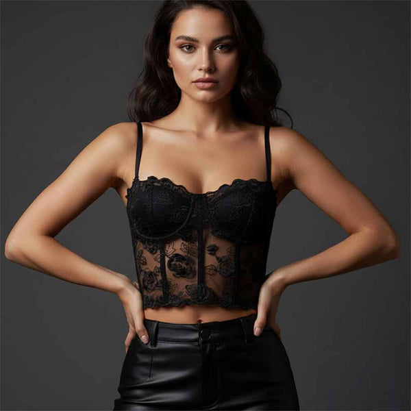 Rose Embroidered Mesh Corset Tube Top | Gthic.com