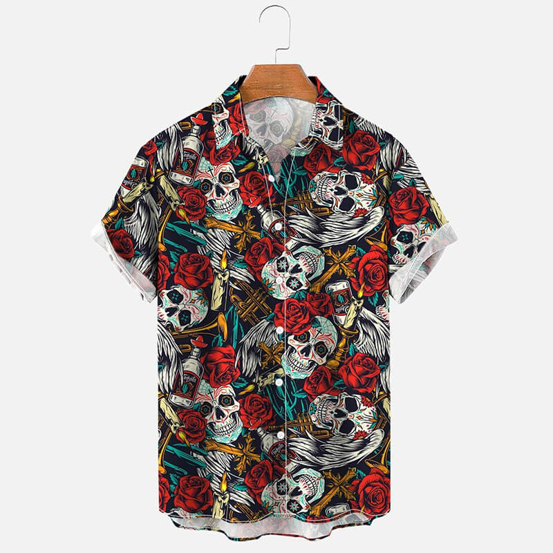 Rose Sugar Skull Polyester Hawaiian Shirt | Gthic.com