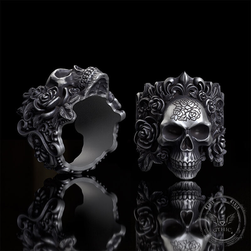 Rose Vine Pattern Skull Sterling Silver Ring | Gthic.com