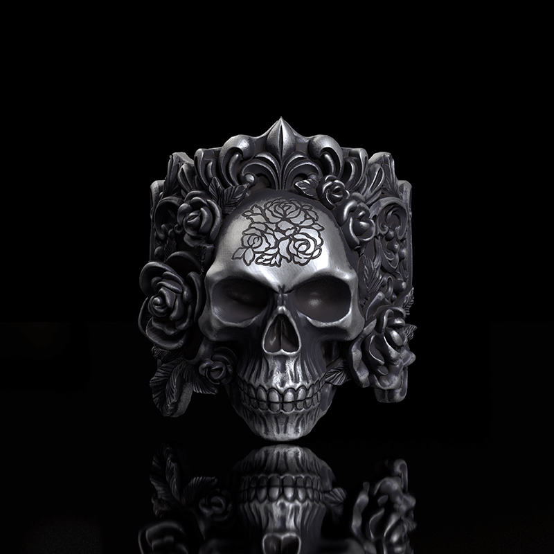 Rose Vine Pattern Skull Sterling Silver Ring | Gthic.com