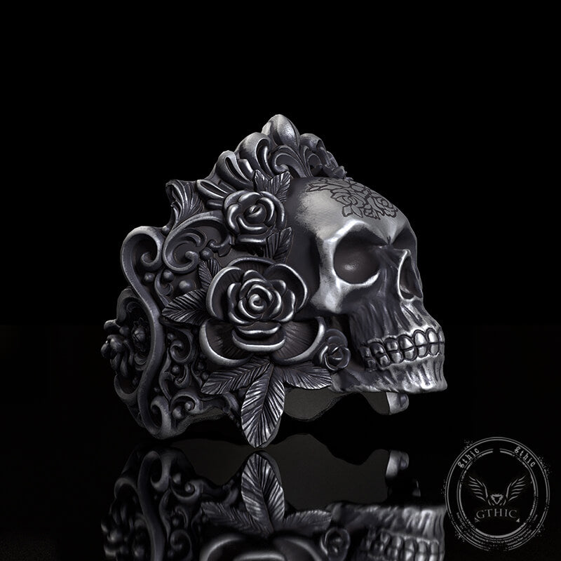 Rose Vine Pattern Skull Sterling Silver Ring | Gthic.com