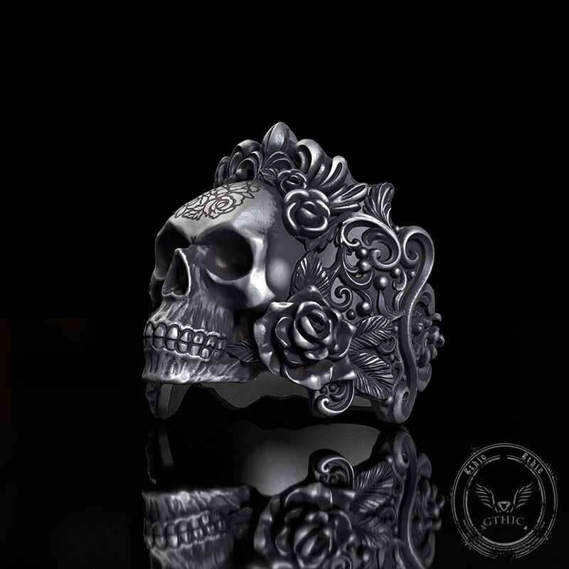 Rose Vine Pattern Skull Sterling Silver Ring | Gthic.com