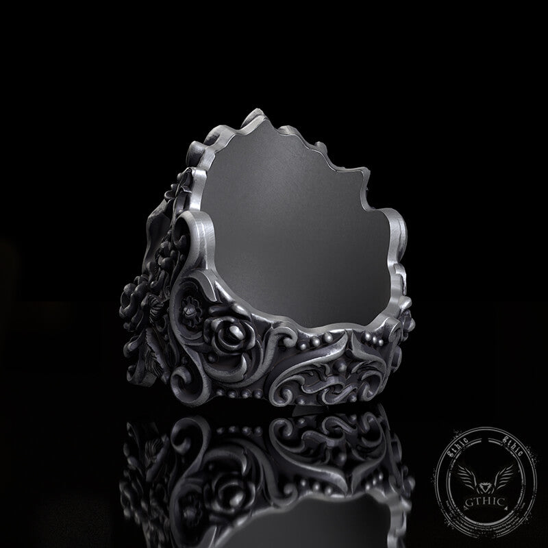 Rose Vine Pattern Skull Sterling Silver Ring | Gthic.com