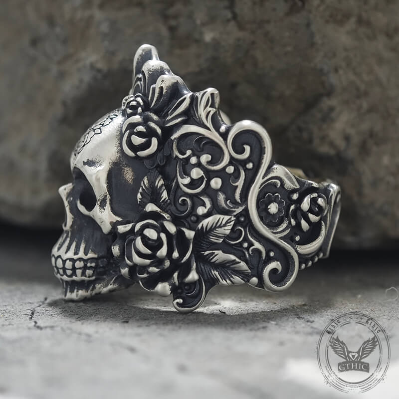 Rose Vine Pattern Skull Sterling Silver Ring