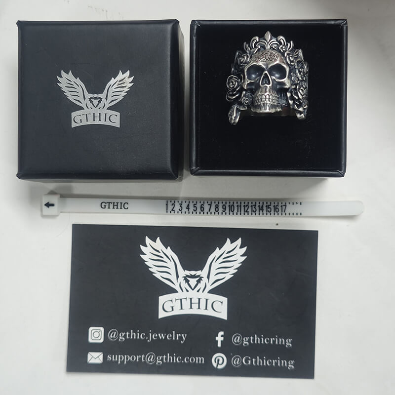 Rose Vine Pattern Skull Sterling Silver Ring