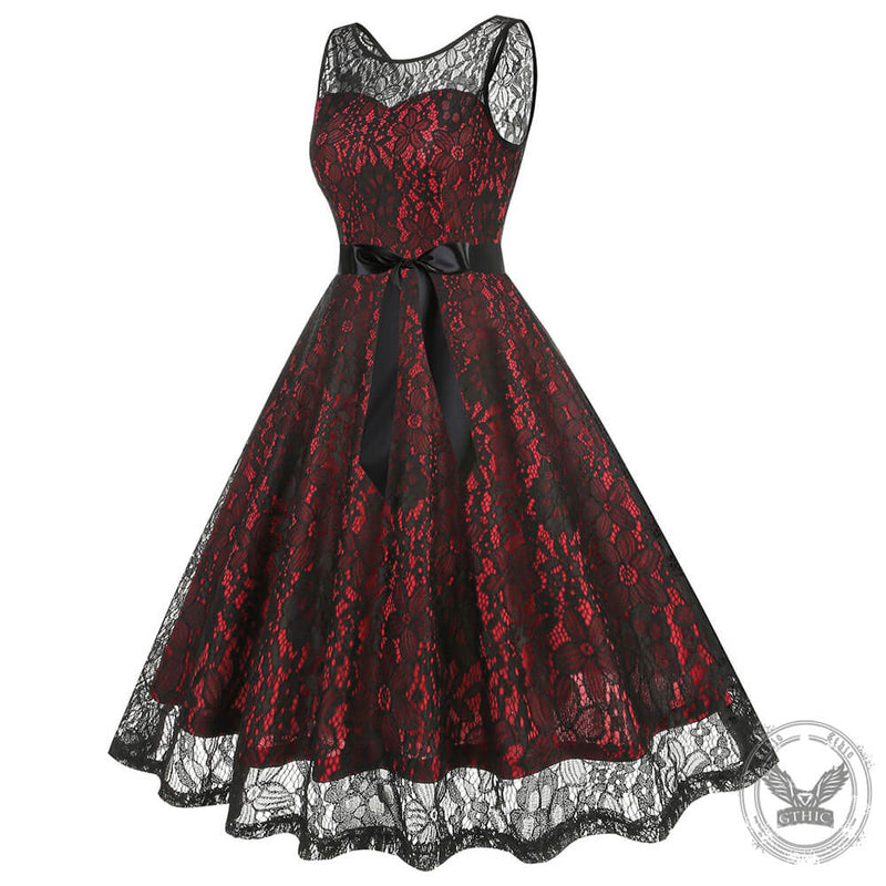 Round Neck Bow Belted Lace Ball Dress | Gthic.com