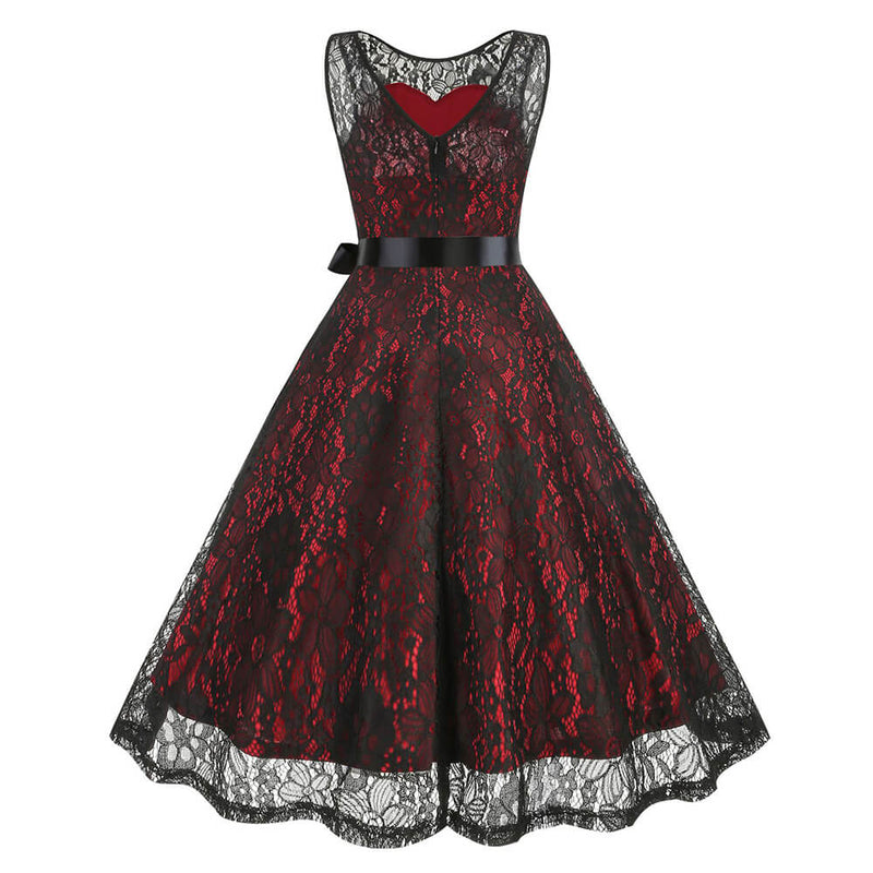 Round Neck Bow Belted Lace Ball Dress | Gthic.com