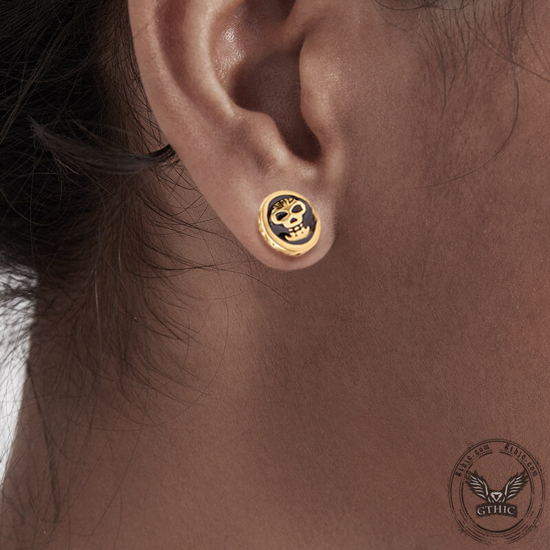 Round Skull Stainless Steel Stud Earrings | Gthic.com
