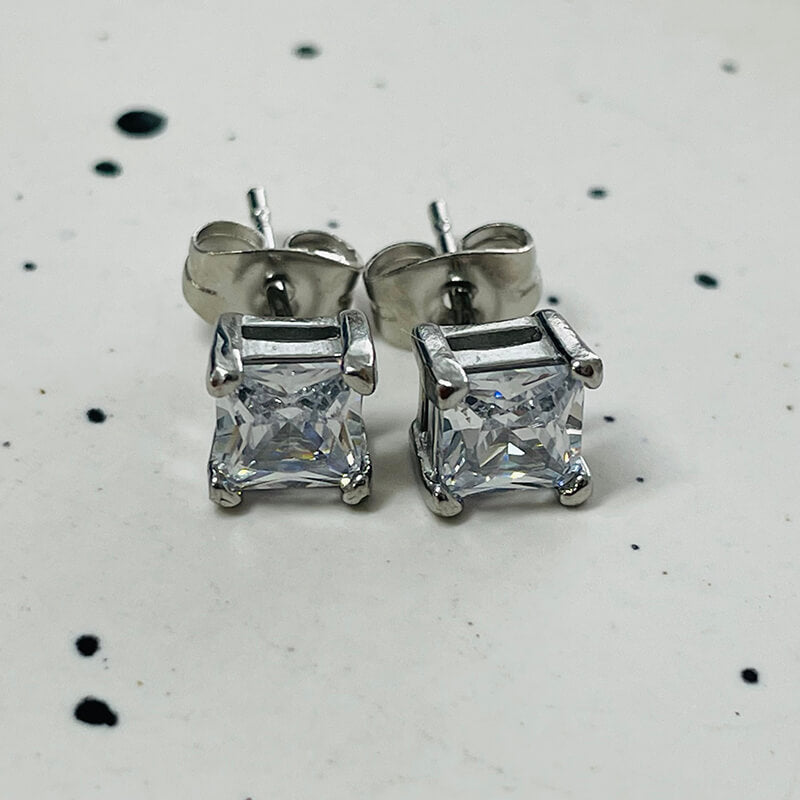 Round Square Stainless Steel Gemstone Stud Earrings