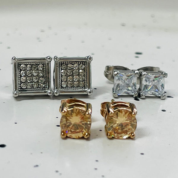 Round Square Stainless Steel Gemstone Stud Earrings