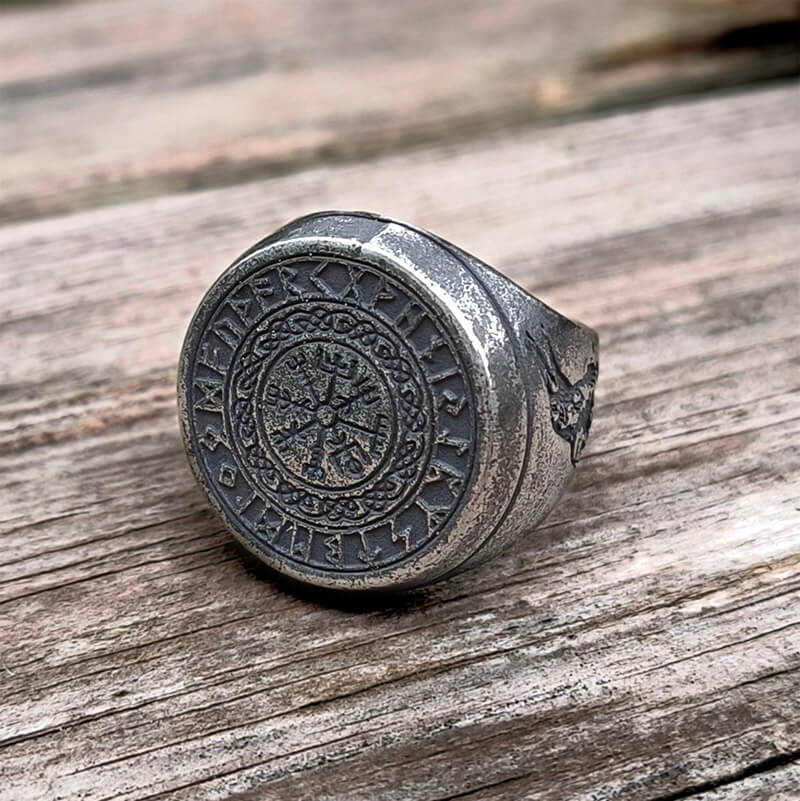 Round Viking Runes Raven Stainless Steel Ring | Gthic.com