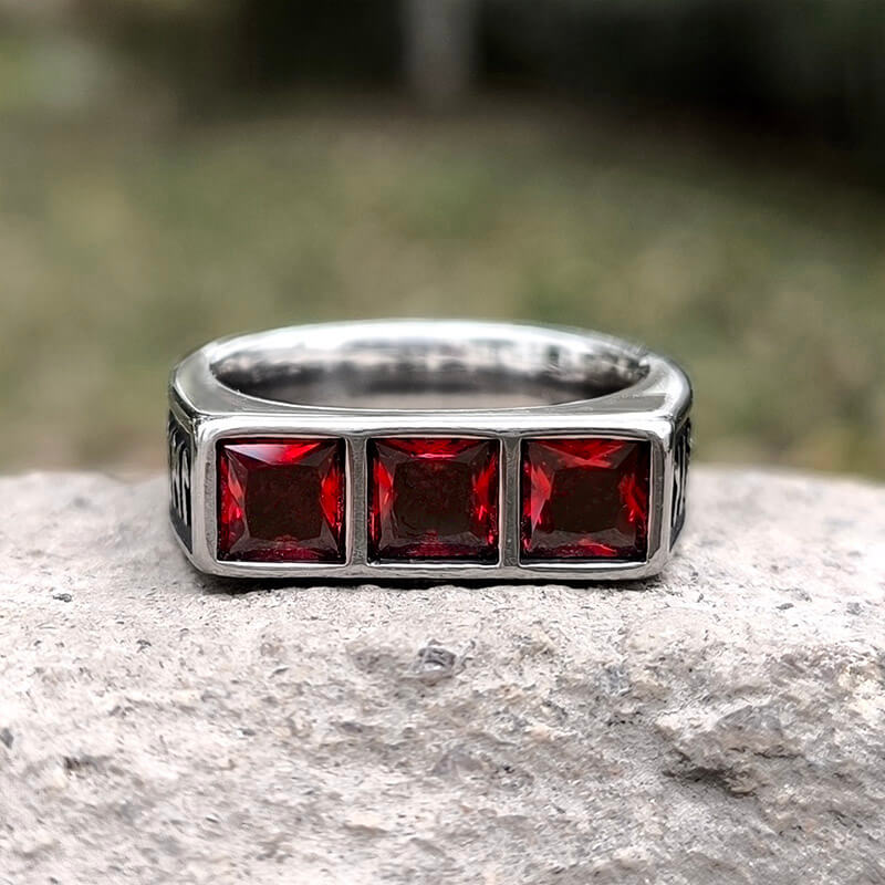 Runes 3-Stone CZ Zircon Stainless Steel Ring | Gthic.com