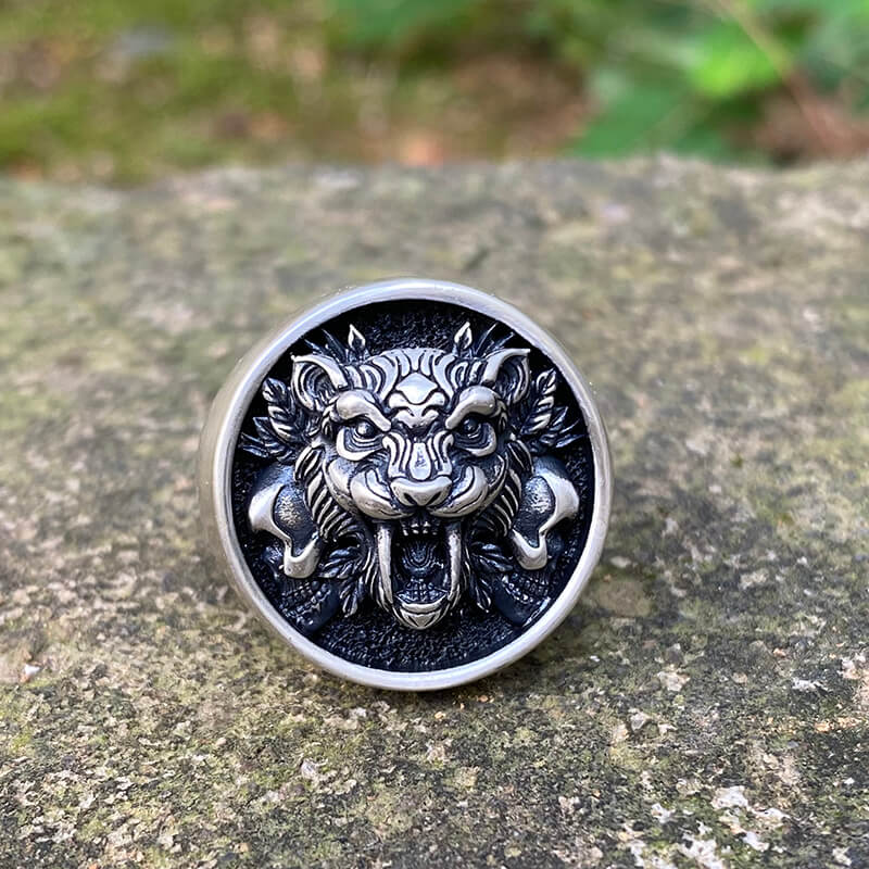 Saber Toothed Tiger Skulls Sterling Silver Ring | Gthic.com