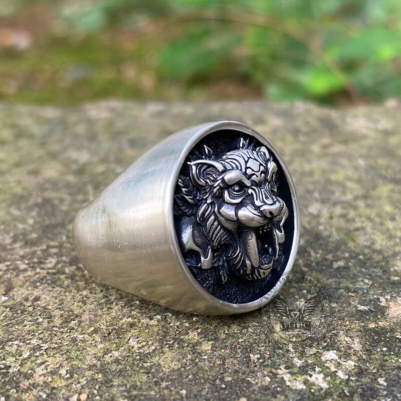Saber Toothed Tiger Skulls Sterling Silver Ring | Gthic.com