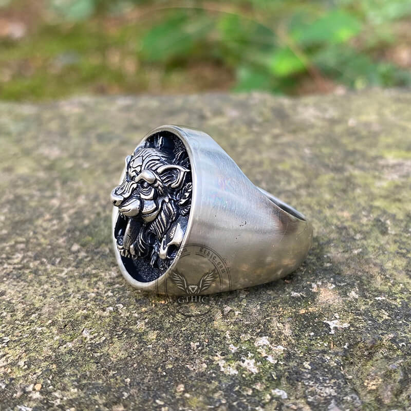 Saber Toothed Tiger Skulls Sterling Silver Ring | Gthic.com