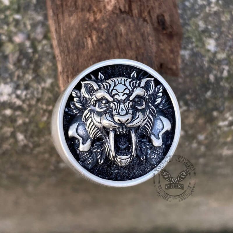 Saber Toothed Tiger Skulls Sterling Silver Ring | Gthic.com