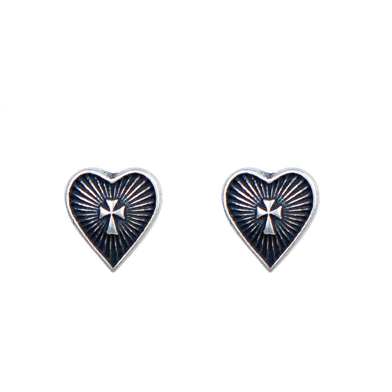 Sacred Heart Cross Sterling Silver Stud Earrings