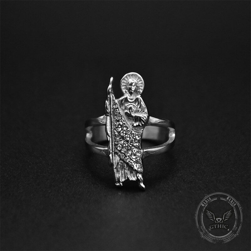 Saint Jude Diamond-Set Stainless Steel Religion Ring