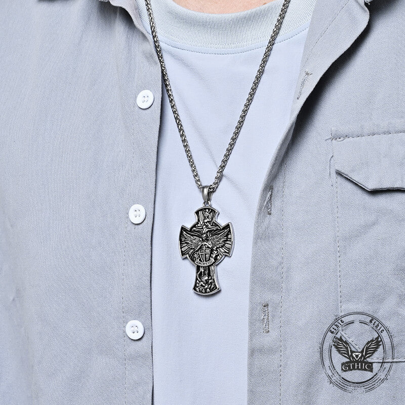 Saint Michael Sword Stainless Steel Cross Pendant 02 | Gthic.com