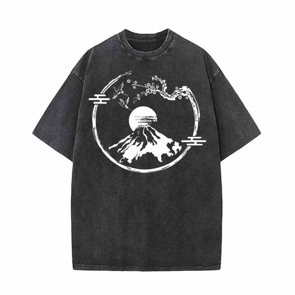 Sakura Branch Mountain Fuji Vintage Washed T-shirt 01 | Gthic.com