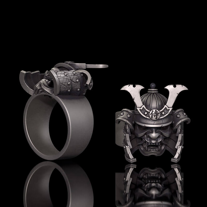 Samurai Mask Warrior Helmet Sterling Silver Ring 01 | Gthic.com