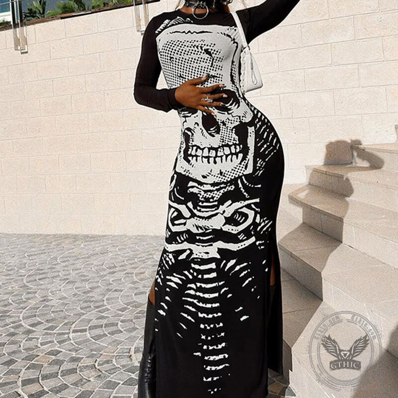 Scary Skeleton Print Polyester Maxi Dress | Gthic.com