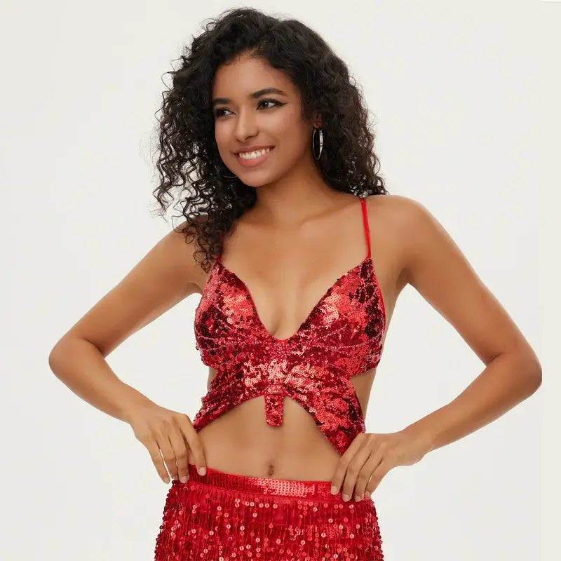 Sequin Butterfly Adjustable Tie Cropped Top | Gthic.com