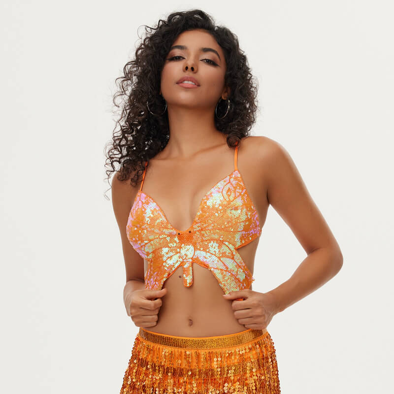 Sequin Butterfly Adjustable Tie Cropped Top | Gthic.com