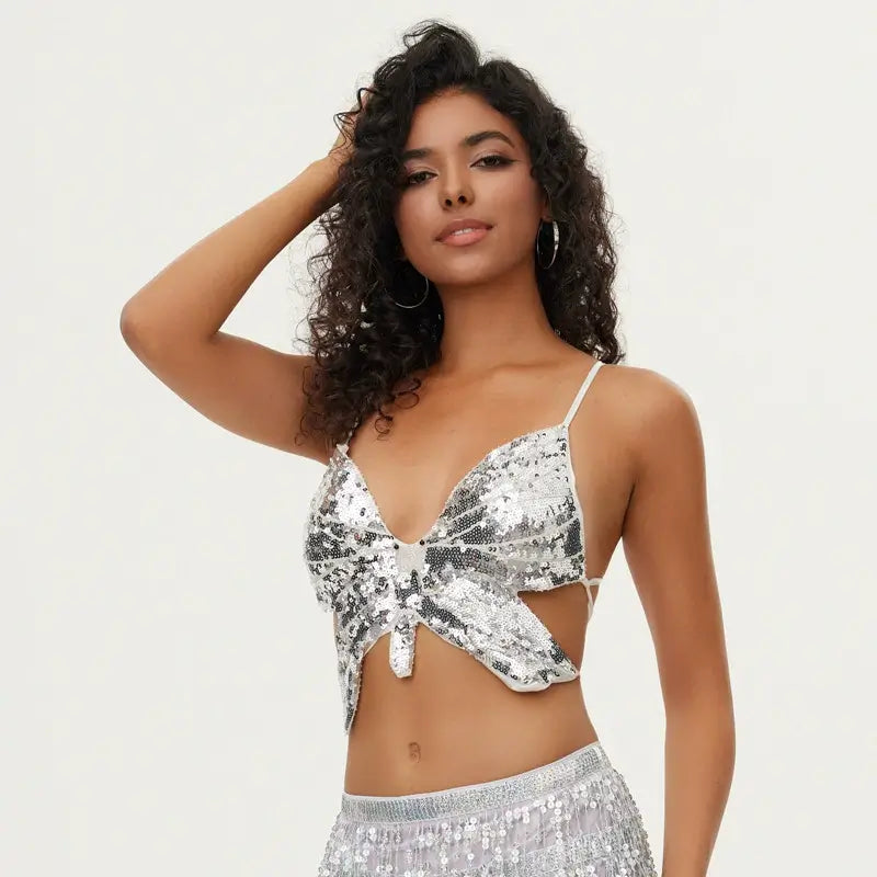 Sequin Butterfly Adjustable Tie Cropped Top | Gthic.com
