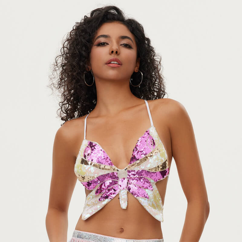 Sequin Butterfly Adjustable Tie Cropped Top | Gthic.com